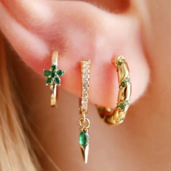 Gold Huggies with Green CZ Spike Dangle  Hypoallergenic Dainty Earrings PRETTY - Picture 1 of 16